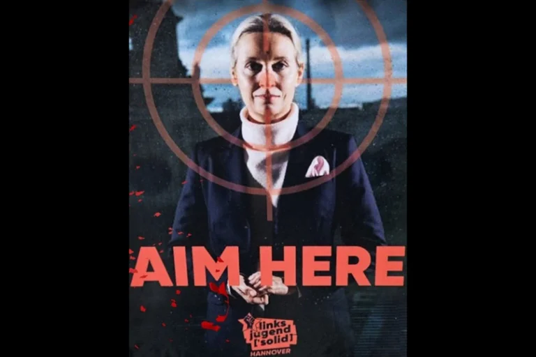 Vorschaubild: „Aim here“: Linksjugend verteilt Aufkleber mit AfD-Chefin Weidel im Fadenkreuz