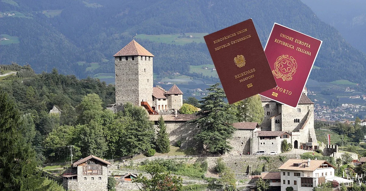 Bild Schloss Tirol: ManfredK via Wikimedia Commons [CC BY-SA 4.0], Bild ital. Pass: Users Alblefter / Fred the Oyster via Wikimedia Commons [CC BY 3.0, Bild öst. Pass: Wikimedia Commons [CC0] / Komposition: Die Tagesstimme
