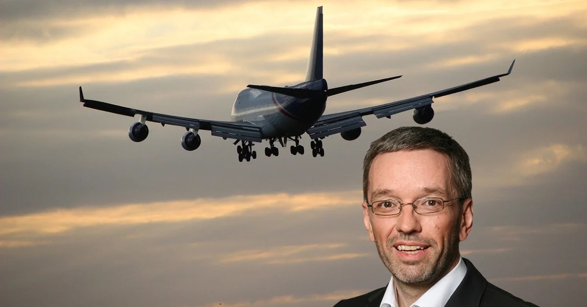 Symbolbild Flugzeug: Pixabay (CC0) / Bild Herbert Kickl: fpoe.at / Collage: Die Tagesstimme