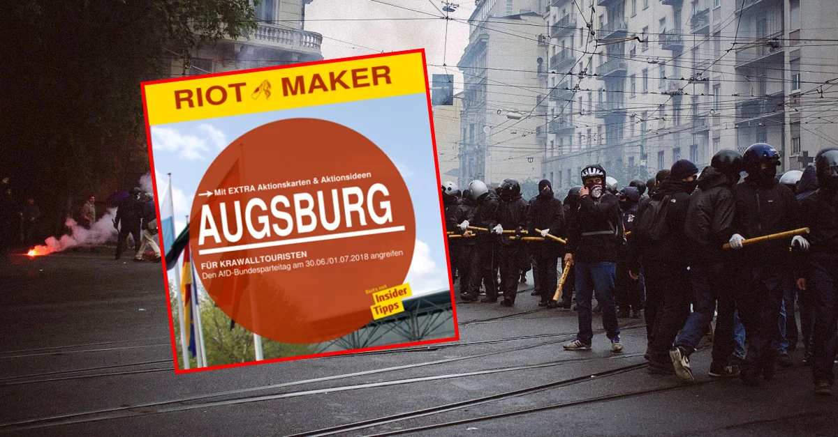 Hintergrund Schwarzer Block (Symbolbild): By FEDRA Studio from Milan, Italy (NO EXPO) [CC BY 2.0], via Wikimedia Commons /  Screenhot Riotmaker / Collage: Die Tagesstimme
