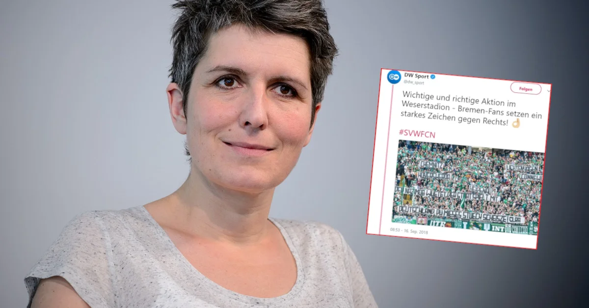 DW-Chefredakteurin Ines Pohl distanzierte sich am Dienstag vom umstrittenen Tweet der DW-Sportredaktion. Bild Ines Pohl (2013): Stephan Röhl / Heinrich-Böll Stiftung via Flickr [CC BY-SA 2.0] (Bild zugeschnitten) / Screenshot: Twitter / Collage: Die Tagesstimme.
