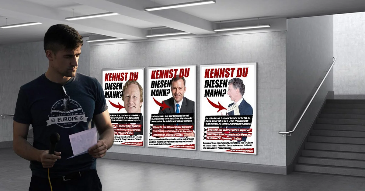 Bild Plakate Stiegenhaus + Bild Martin Sellner: privat / Martin Sellner. Collage: Die Tagesstimme.