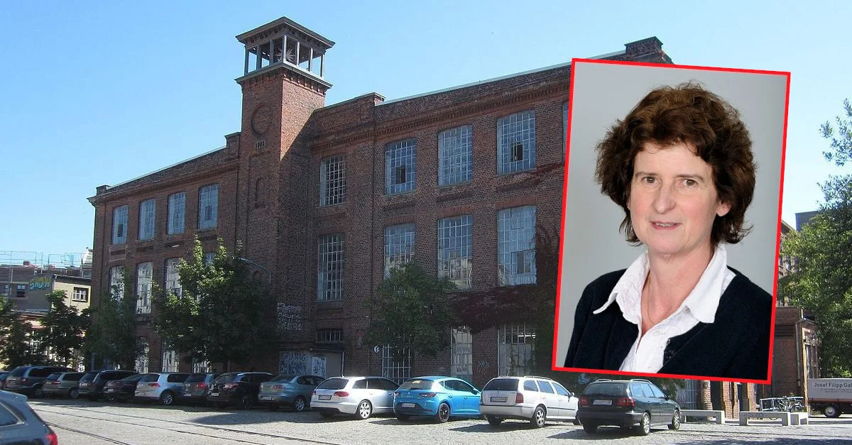 Veranstaltungsort der Leipziger Jahresausstellung: Die Spinnerei. Bild Spinnerei: Don-kun via Wikimedia Commons (Bild zugeschnitten) / Bild Eva-Maria Stange (2013): Martin Rulsch via Wikimedia Commons] (umrandet) [beide CC BY-SA 4.0] / Collage: Die Tagesstimme. 
