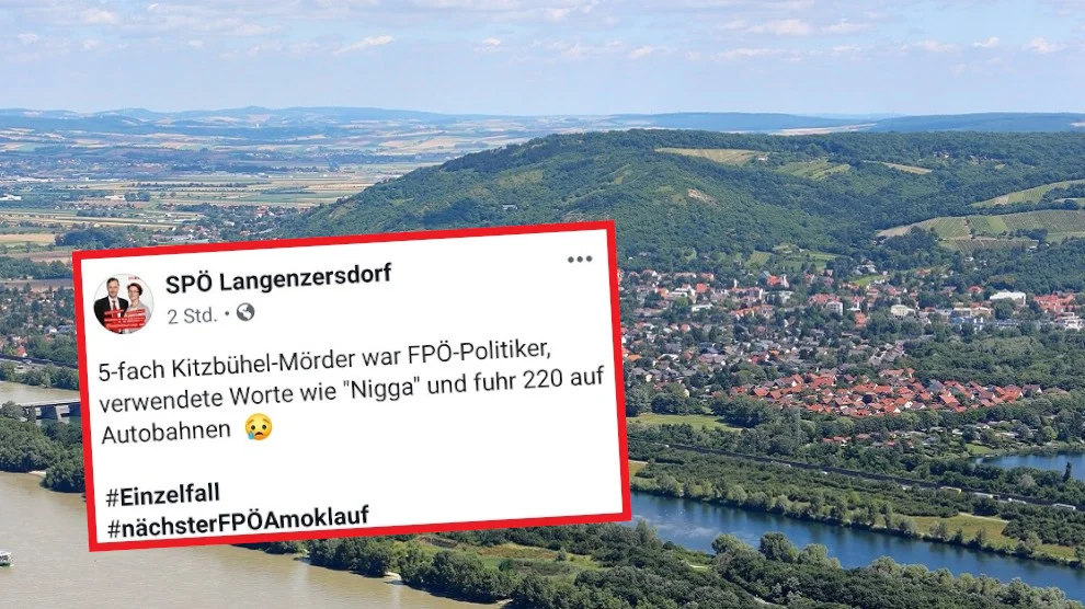 Symbolbild (Panorama von Langenzersdorf): Bwag via Wikimedia Commons [CC BY-SA 4.0] (Bild zugeschnitten) / Screenshot: Facebook / Collage: Die Tagesstimme
