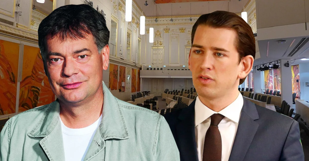 Geben der wahrscheinlichen türkisgrünen Regierung ein bürgerliches Gesicht:  Werner Kogler (Grüne, li.) und Sebastian Kurz (re.) &#8211; aber wie sieht es dahinter aus? Symbolbild Prov. Parlamentssaal: Oktobersonne via Wikimedia Commons [CC BY-SA 4.0 / Bild Kogler (2010): Grüne Steiermark via Wikimedia Commons [CC BY-SA 3.0 DE] / Bild Kurz (2016): Dragan tatic / Rat Brüssel via Flickr [CC BY 2.0] (beide freigestellt) / Collage: Die Tagesstimme.
