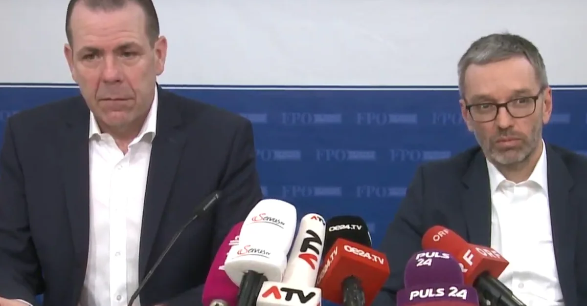Bild: Harald Vilimsky und Herbert Kickl (beide FPÖ) bei der heutigen Pressekonferenz zu aktuellen europapolitischen Fragen / Screenshot FPÖ TV (Minute 28:59) (Bild zugeschnitten)