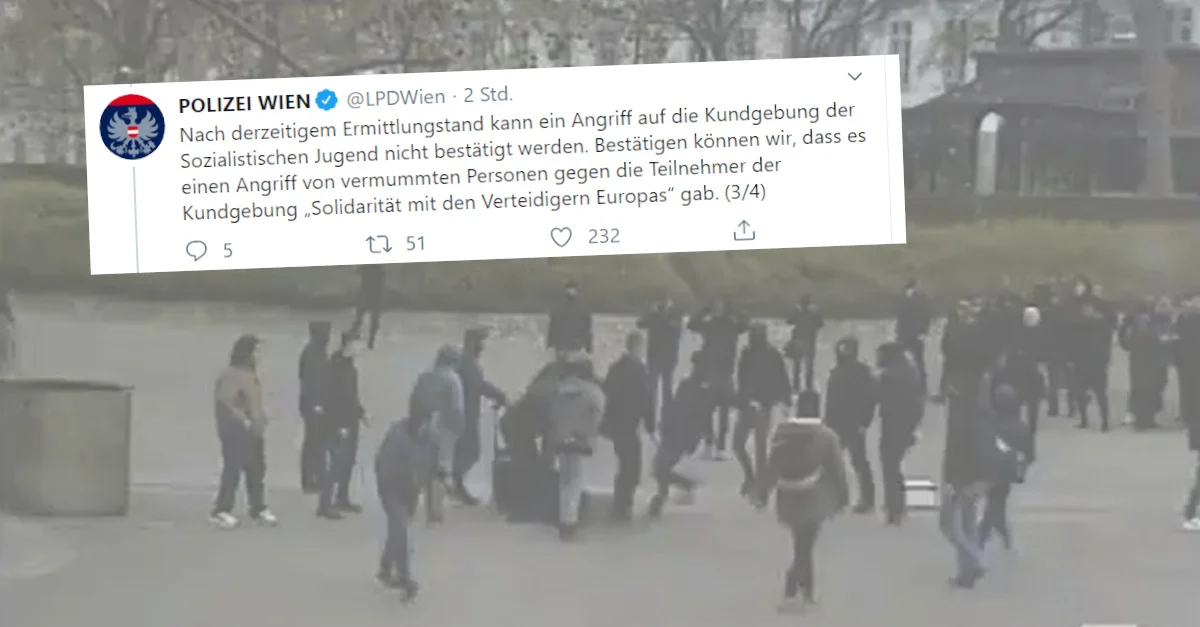 Screenshot LPD-Tweet: Twitter / Screenshot Angriff: (C) LPD Wien via Twitter / Collage: Die Tagesstimme.
