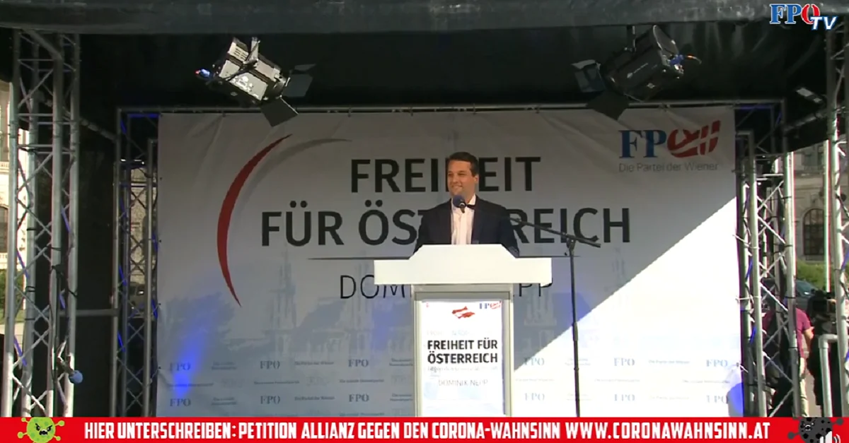 Wiens Vizebürgermeister Dominik Nepp (FPÖ) als Hauptredner bei einer FPÖ-Kundgebung in Wien. Bild: Screenshot FPÖ TV