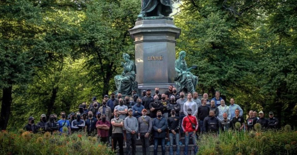 Die „Firman Boys“-Hooligans vor der Statue des Biologen Carl von Linné. Bild: Screenshot Twitter