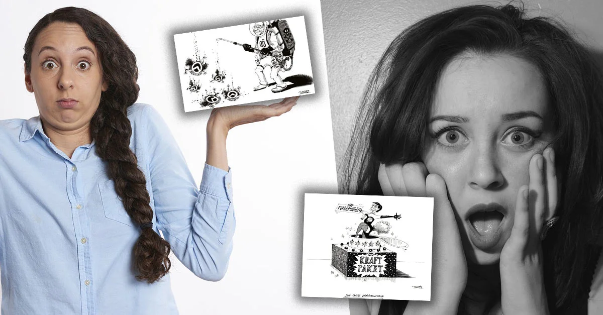 Symbolbild Schulterzucken: Needpix (CCO), Symbolbild Schock: Pixabay, Karikaturen (2): Screenshot Twitter, Collage: Tagesstimme.