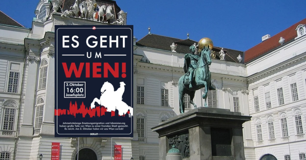 Hintergrund Josefsplatz: Josefsplatz in Wien. Bild: UrLunkwill / CC BY-SA [Bild zugeschnitten] / Bild Flugblatt DO5: &#8222;Die Österreicher&#8220; / Collage: Tagesstimme
