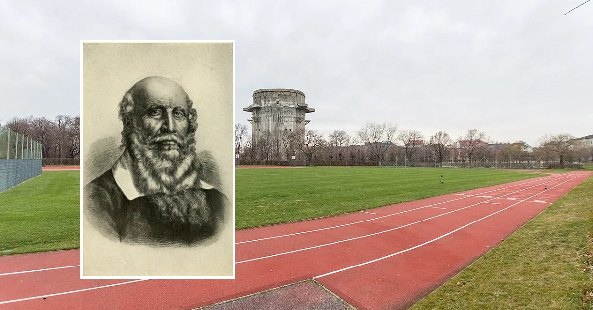 Die Jahnwiese im Augarten. Bild: FlorianSimon / CC BY-SA / Bild Friedrich Ludwig Jahn (CC0) / Collage: Tagesstimme