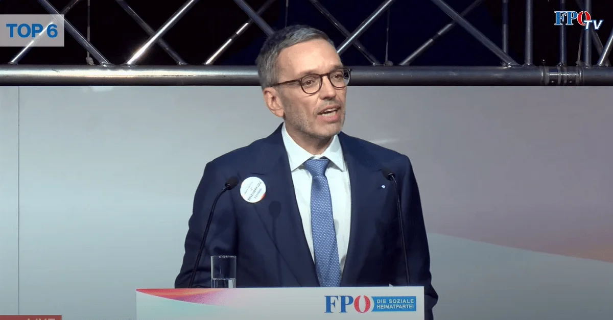 FPÖ-Chef Herbert Kickl am 34. ordentlichen Bundesparteitag in St. Pölten. Bild: Screenshot, FPÖ-TV