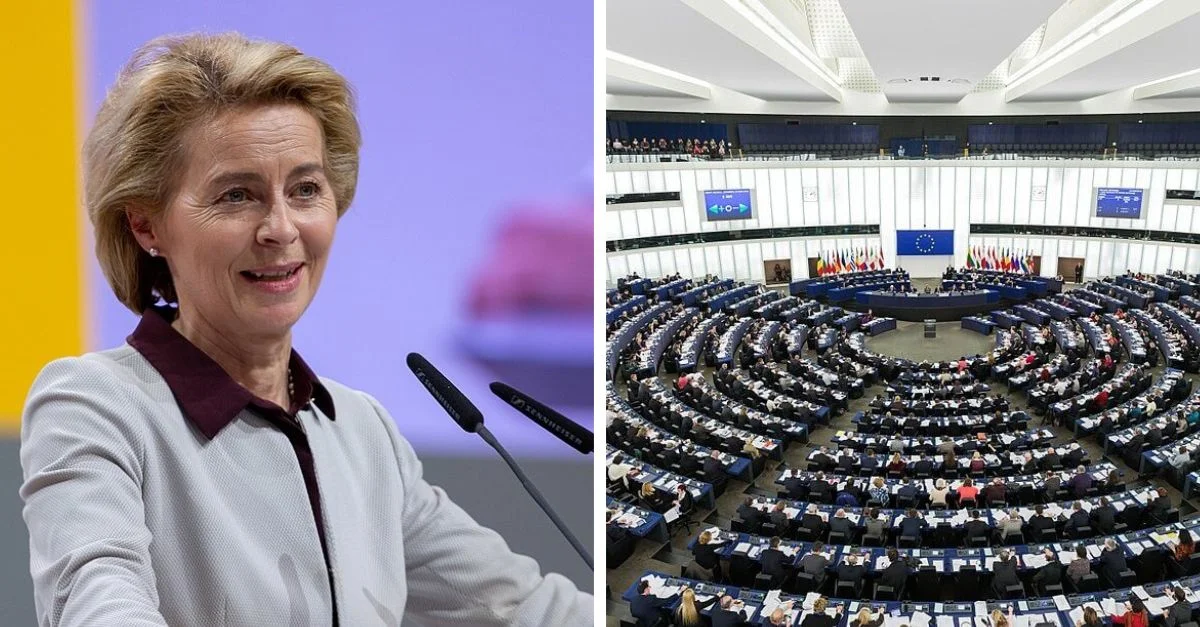 Bild (Ursula von der Leyen): Olaf Kosinsky [CC BY-SA 3.0 de], via Wikimedia Commons (Bild zugeschnitten) / Symbolbild: Plenarsaal des EU-Parlaments in Straßburg / Diliff [CC BY-SA 3.0], via Wikimedia Commons (Bild zugeschnitten)
