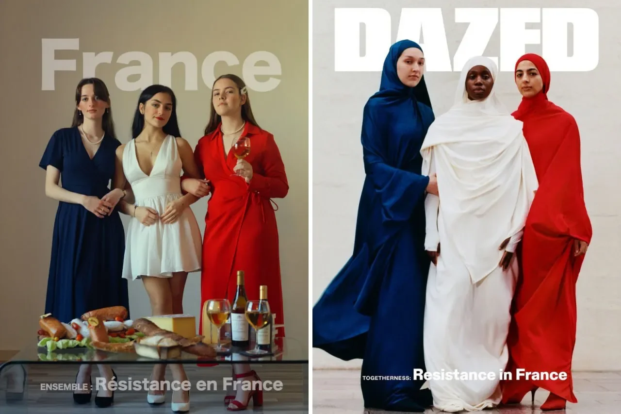 Das linke Motiv zeigt drei Frauen der französischen Gruppe Collectif Némésis, das rechte das Originalcover des britischen Magazins Dazed.