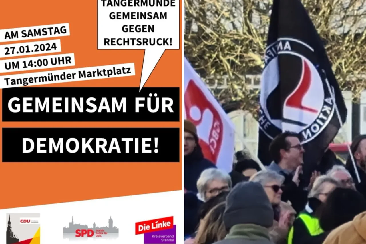 Aufruf zu einer Demonstration in Tangermünde, bei der Antifa-Fahnen gezeigt wurden