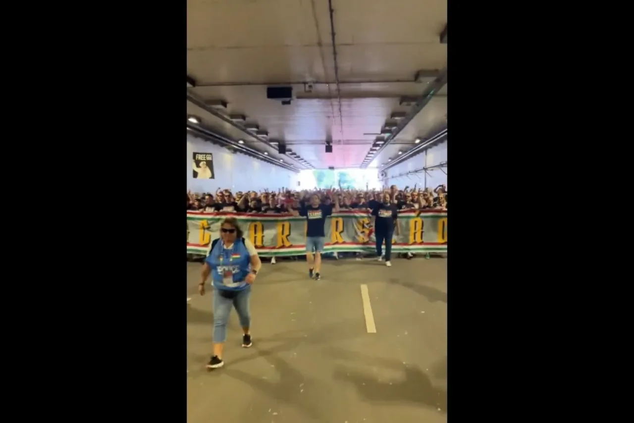 Im Video sind zahlreiche Ungarn-Fans zu sehen, einer von ihnen hält ein „Free Gigi“-Schild hoch.