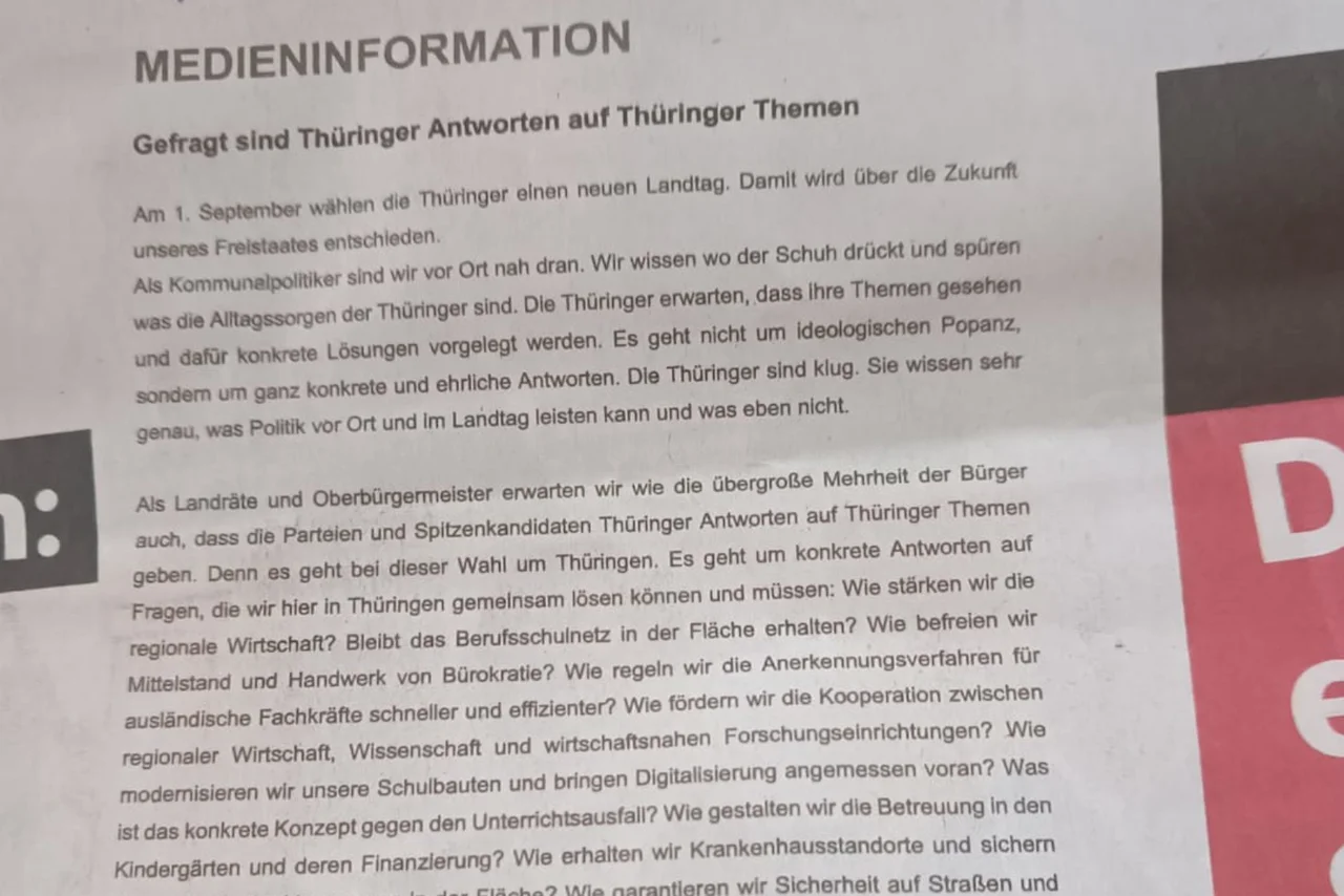 Der Brief wurde im Vorfeld der Landtagswahl in Thüringen veröffentlicht.