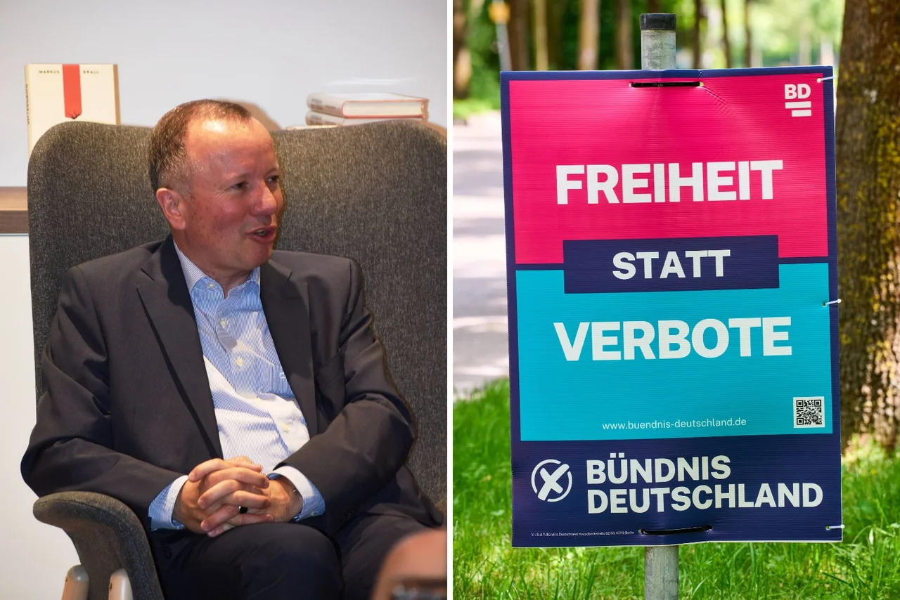 Markus Krall und ein Wahlplakat der Kleinstpartei Bündnis Deutschland.