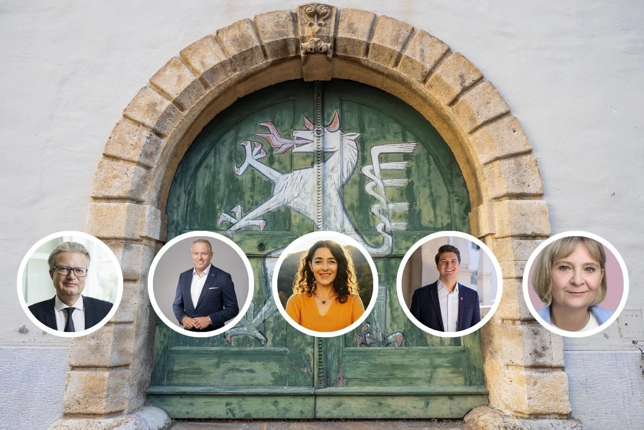 Die Spitzenkandidaten der Parteien v. l. n. re.: Christopher Drexler (ÖVP), Mario Kunasek (FPÖ), Sandra Krautwaschl (Grüne), Niko Swatek (NEOS), Claudia Klimt-Weithaler (KPÖ).